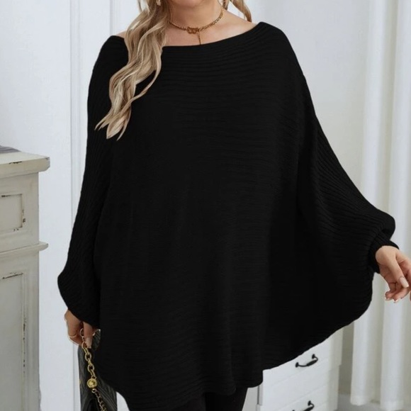 Black plus size dolman sleeve ribbed knit sweater - Picture 2 of 16